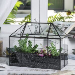 NCYP Glass Geometric Terrarium Tin-Sealed Brass Black House Shape Container with Grid and Swing Lid