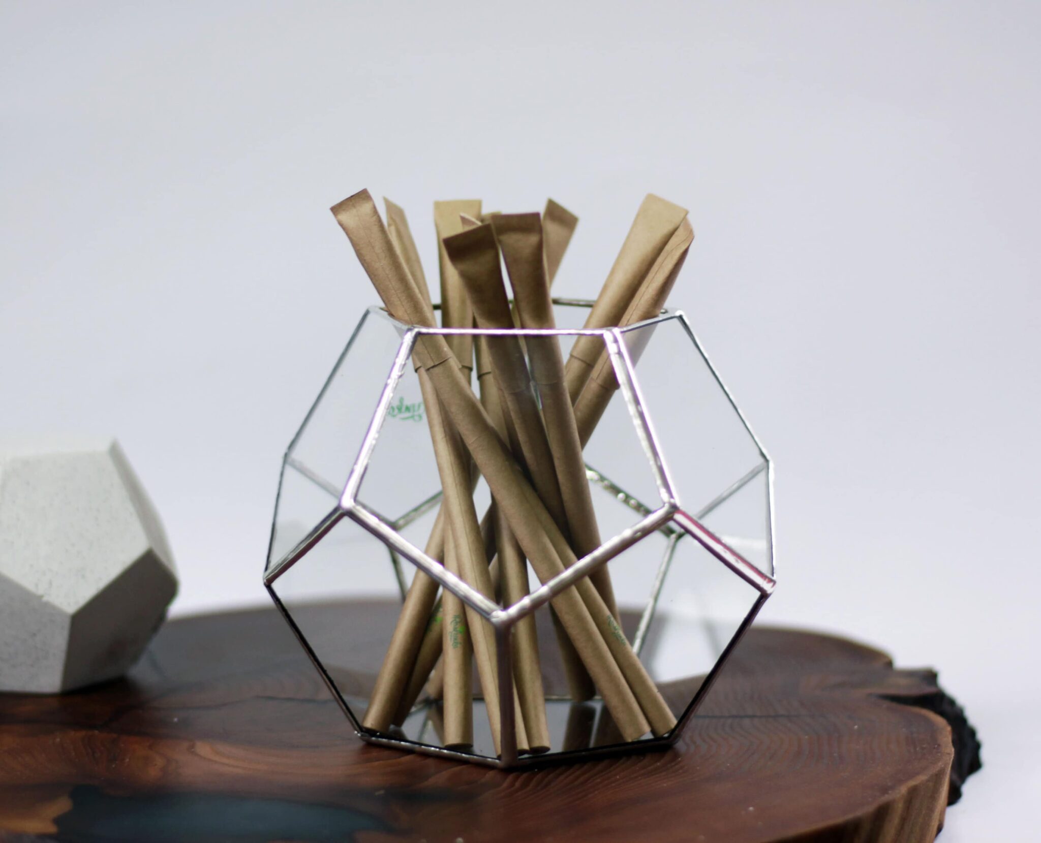 Geometric glass terrarium planted with succulents